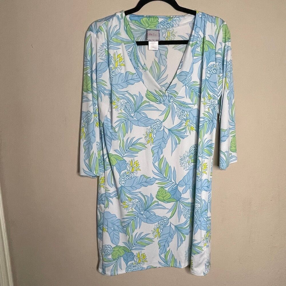 Tropical Print V-Neck Mini Dress in Light Blue & Green